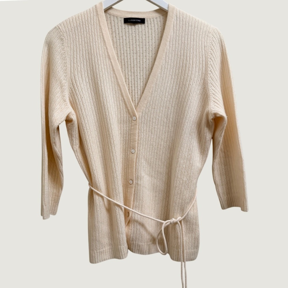 Lands End Cashmere Cardigan Sweater Ivory Pointelle Knit Preppy Capsule Luxury S